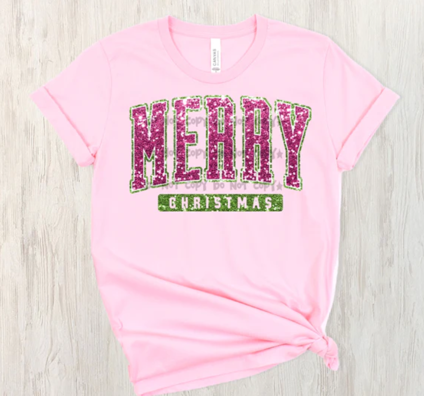 Merry Christmas Pink and Green Faux Sequin