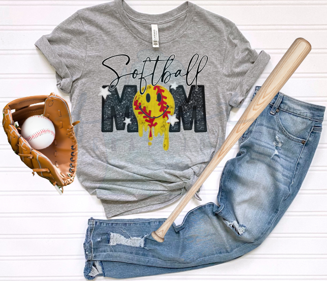 Softball Mom Faux Sequin Glitter Embroidery Smiley Drip