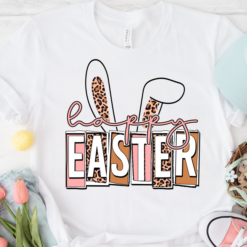 Happy Easter Block Letter Leopard Bunny Ears Shirt