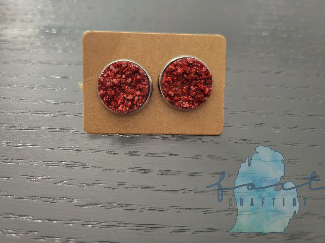 Chunky Red Glitter Druzy Earrings